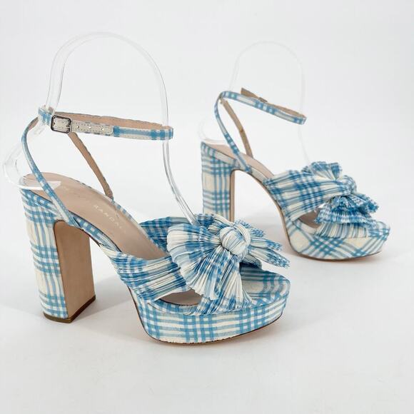 Loeffler Randall Blue Natalia Gingham Plaid Bow Platform Block Heel Sandal US 6 - Picture 1 of 12